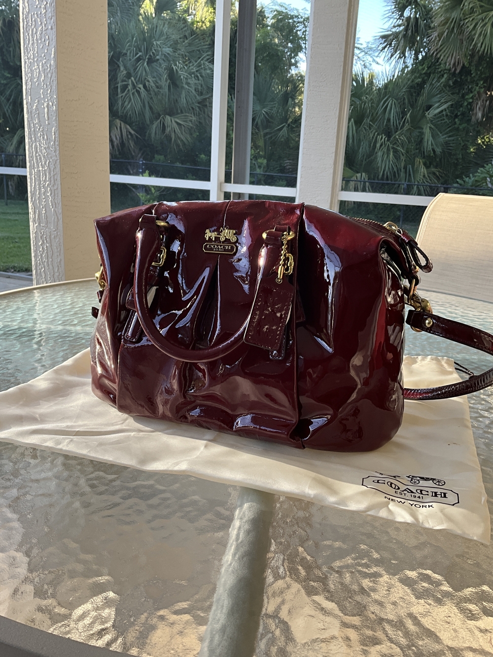 Coach Patent Leather Satchel Bag - Burgundy